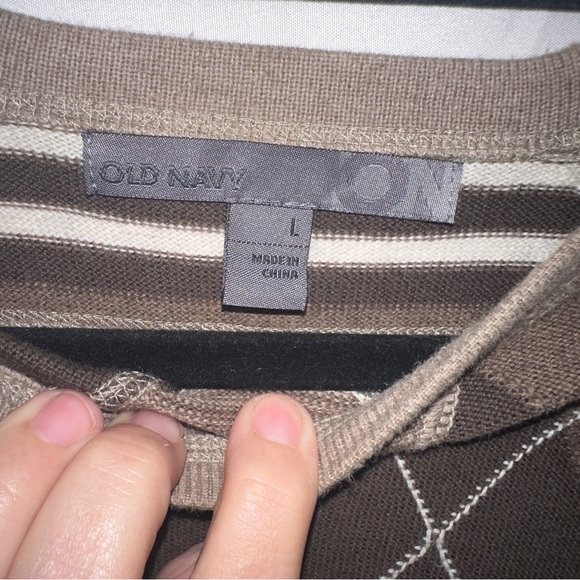 Old Navy Sweater Mens Large Argyle Brown Striped Long Sleeves 100% Cotton - Picture 5 of 8